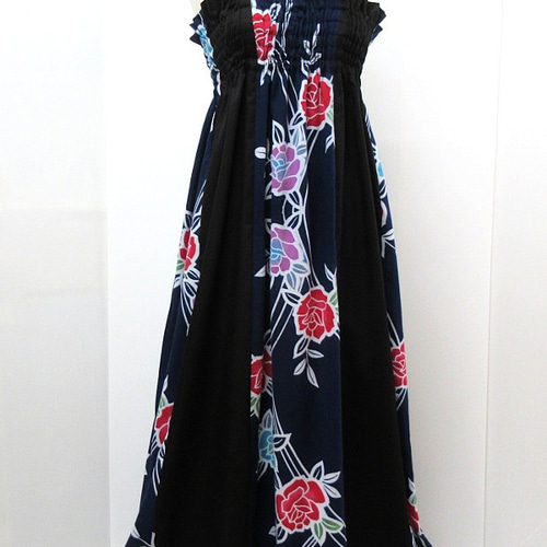 サマードレス＠浴衣薔薇リメイク×黒無地反物＠シャーリングワンピ＠マキシワンピース サマードレス＠浴衣薔薇リメイク×黒無地反物＠シャーリング