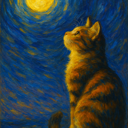 月を見上げる猫 A4 猫 夜空 星 月 アート インテリア 絵画