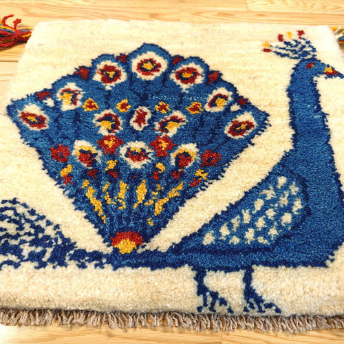 値下げ】ペルシャ ギャッベ ミニマット ラグ 44x38cm 孔雀 青 ベージュ