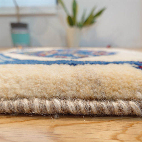 値下げ】ペルシャ ギャッベ ミニマット ラグ 44x38cm 孔雀 青 ベージュ