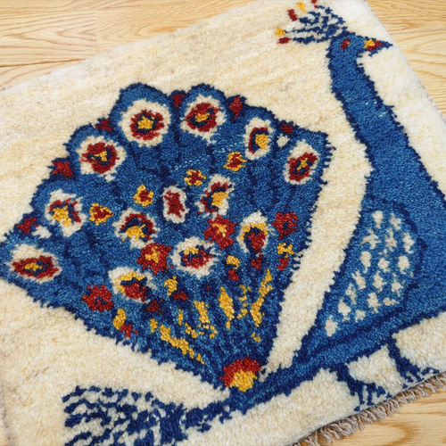 値下げ】ペルシャ ギャッベ ミニマット ラグ 44x38cm 孔雀 青 ベージュ