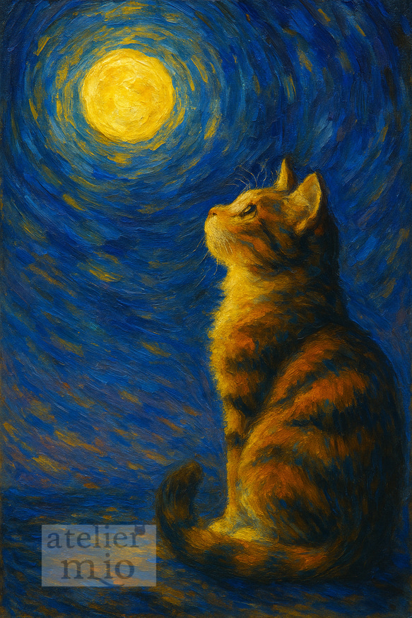 月を見上げる猫 ポストカード 絵画 atelier mio 通販 19365332｜Creema