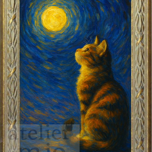 月を見上げる猫 ポストカード 絵画 atelier mio 通販 19365332｜Creema