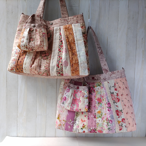薔薇のトートバッグ(A4サイズ)★ピンク･パープル系パッチワークバッグ★ミニポーチ付【Creema限定】 18枚目の画像