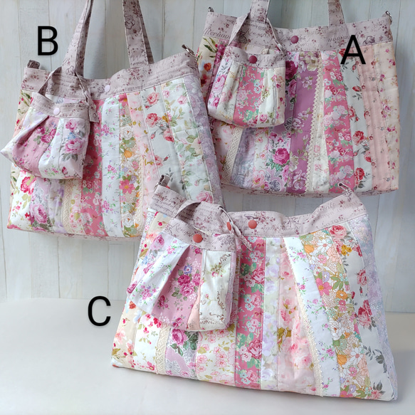 薔薇のトートバッグ(A4サイズ)★ピンク･パープル系パッチワークバッグ★ミニポーチ付【Creema限定】 2枚目の画像