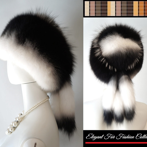パリジェンヌのような優雅な帽子リアルフォックスファーハット白×黒新品本物毛皮帽子 パリジェンヌのような優雅な帽子リアルフォックスファーハット白