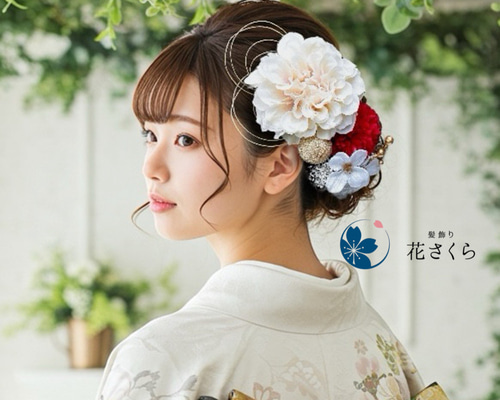 上品ダリアと赤の髪飾り 結婚式 成人式 花嫁 和装 振袖 卒業式 白無垢