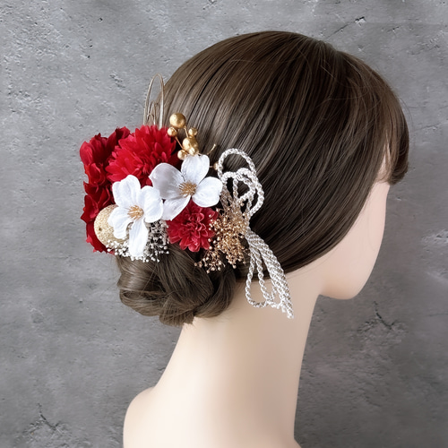 深紅ダリアと白の髪飾り 結婚式 成人式 花嫁 和装 振袖 卒業式 白無垢