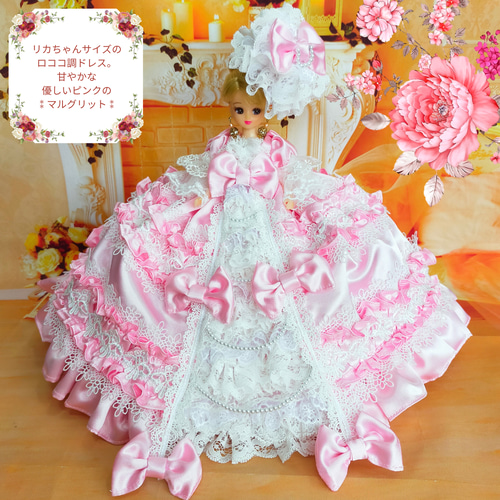 みこ　リカちゃんサイズ　ピンク　リボンのロココ調ドレス　手作り　ドール服 みこ様専用 リカちゃんサイズ ピンク リボンのロココ調ドレス