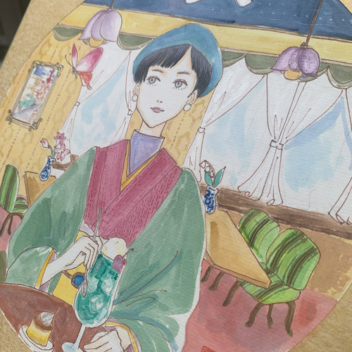 絵画 レトロ 喫茶店 女の子 メロンソーダ 蝶 モダンガール 絵画 Yutaka