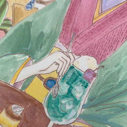 絵画 レトロ 喫茶店 女の子 メロンソーダ 蝶 モダンガール 絵画