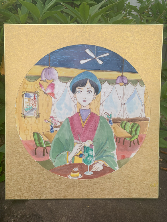 絵画 レトロ 喫茶店 女の子 メロンソーダ 蝶 モダンガール 絵画