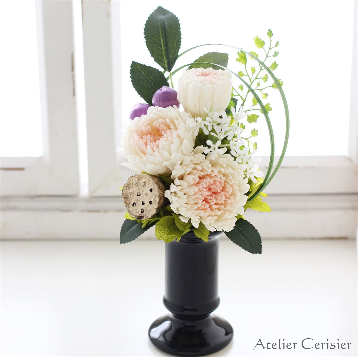 輪菊のお供え花（桃白菊 蓮）Mサイズ 仏花 プリザーブドフラワー