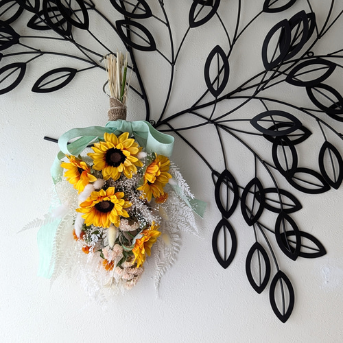 ドライフラワー スワッグ❁63ミモザ ひまわり オレンジ 紅花 黄色 花束  