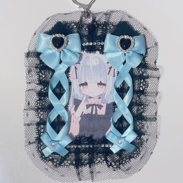 B8 猫耳リボン ブラック×水色 硬質ケース チェキケース トレカホルダー