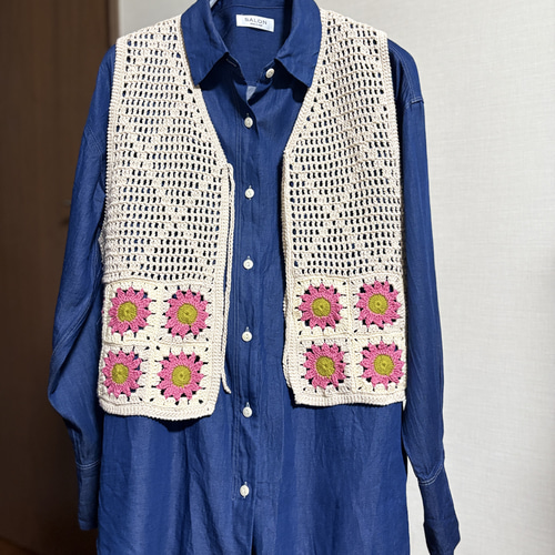 日本製 オーガニックコットン100% 手編み ニットベスト 前開き Vネック