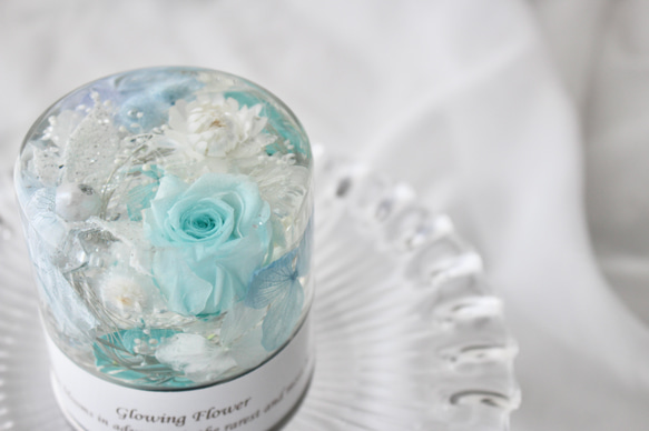 【完成品】光るハーバリウム　Glowing Flower　水色　ライトブルー 1枚目の画像