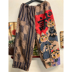 新撰組の猫柄と浴衣の柿渋染めタックパンツ 手ぬぐいリメイク ロング