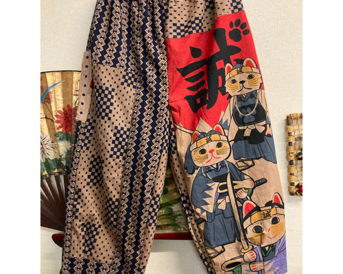 柿渋染め手ぬぐいの3段ティアードパンツ 浴衣リメイク ゾウ おかめ