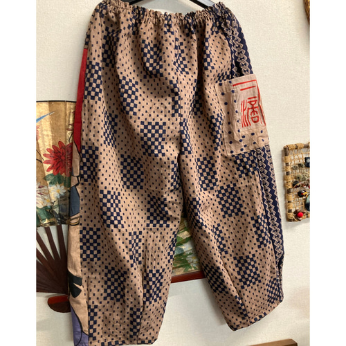 新撰組の猫柄と浴衣の柿渋染めタックパンツ 手ぬぐいリメイク ロング