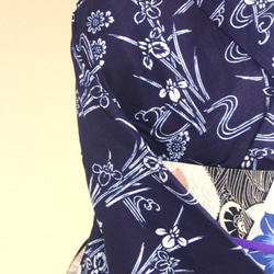 手染め型染　綿絽浴衣　【濃紺】　杜若に流水　落ち着いた大人の雰囲気の小紋柄　袖長めトールサイズ　裄67ｃｍ　総手縫い 14枚目の画像