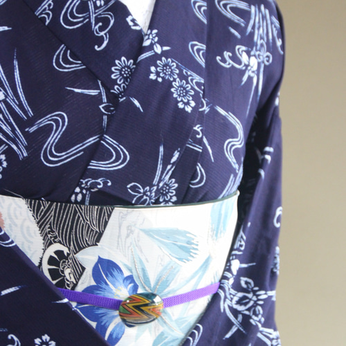 手染め型染 綿絽浴衣 【濃紺】 杜若に流水 落ち着いた大人の