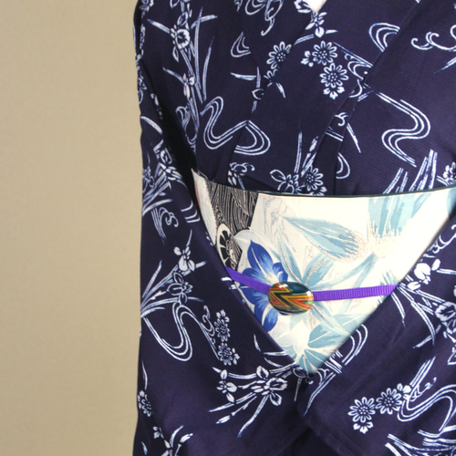 手染め型染 綿絽浴衣 【濃紺】 杜若に流水 落ち着いた大人の