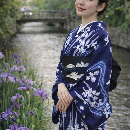 手染め藍染 型染浴衣 【濃紺青】 流水に菖蒲のぼかしが幻想的な雰囲気