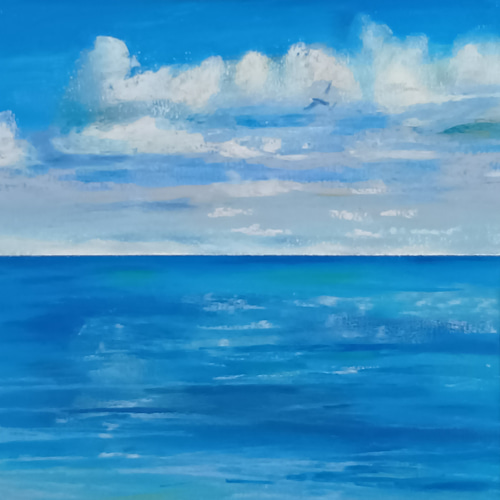 青い海の景色 パステル画 原画 青く澄んだ海 オイルパステル原画 A4サイズ 絵画 ゆうまめ 通販