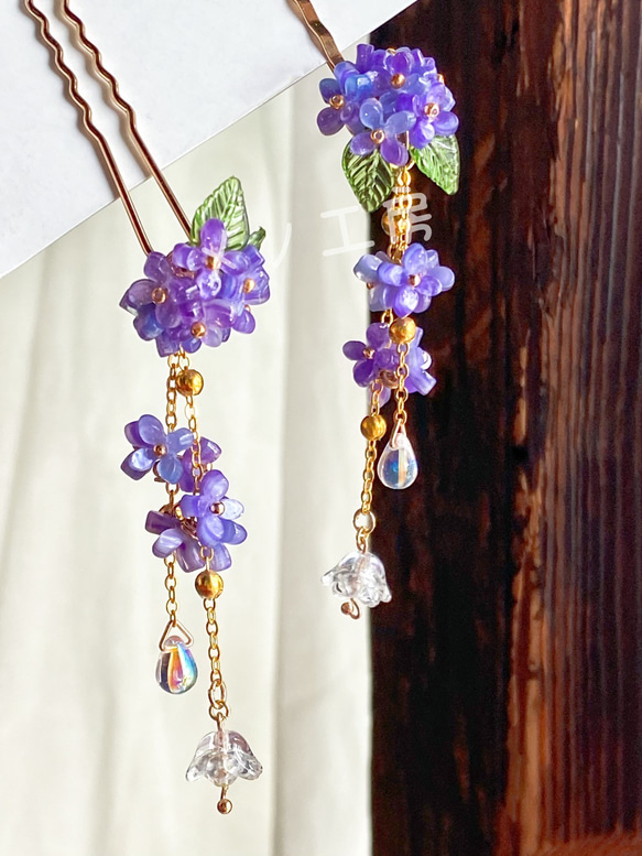 梅雨にゆらゆら紫陽花と傘のヘアピン/かんざし 星空色 選べる金具