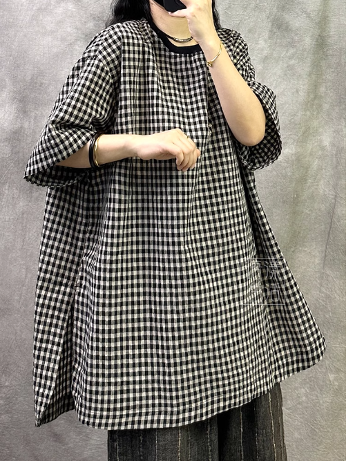 オリジナル2025夏新作チェック綿麻トップスレディースハイエンドリネンTシャツゆったりオーバーサイズで高級感