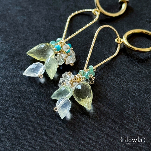 高品質レモンクォーツ・エメラルドとゴールドモチーフの華やぎ14kgf  