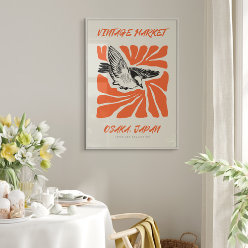 アートポスター ヴィンテージマーケット 大阪 鳥と抽象デザイン レトロ