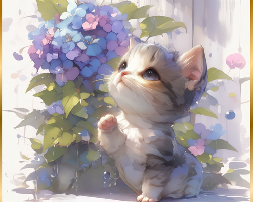 雨猫戯舞 - マンチカンキャット】猫・子猫・梅雨・季節・時期・紫陽花