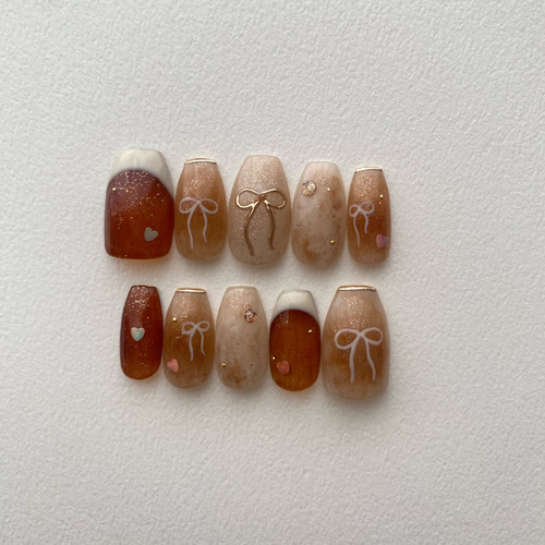 サイズオーダー #03 リボン ハート フレンチネイル ガーリー ネイル