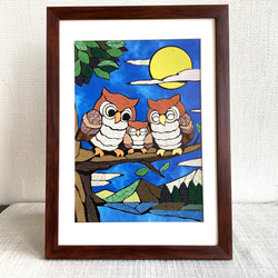 フクロウの貼り絵 塩沢織 貼り絵 月夜の親子ふくろう スタンド兼吊るしフレームB