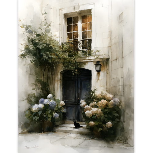 Paris【 パリ 紫陽花の咲く家 水彩画 】 梅雨 黒猫 インテリア アート