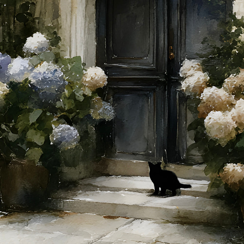 Paris【 パリ 紫陽花の咲く家 水彩画 】 梅雨 黒猫 インテリア アート