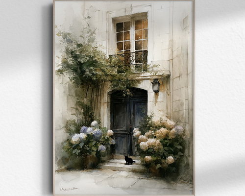 Paris【 パリ 紫陽花の咲く家 水彩画 】 梅雨 黒猫 インテリア アート