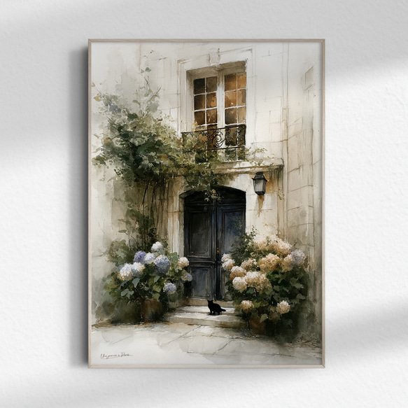 Paris【 パリ 紫陽花の咲く家 水彩画 】 梅雨 黒猫 インテリア アート