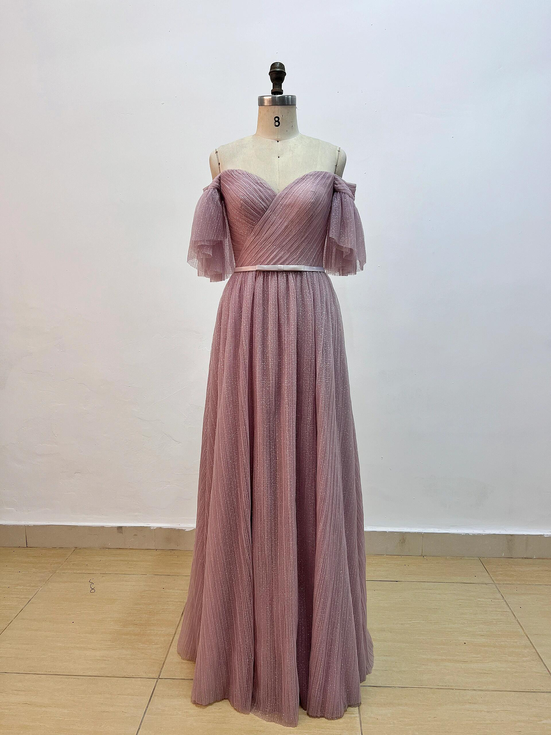 WEB限定　背中空き　オフショルダー　くすみピンク　二の腕カバー　可愛い　優雅　ファスナー　サイズオーダー可能前撮り花嫁