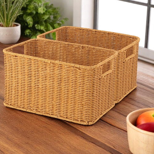 2個セット＞洗える天然木風バスケット｜持ち手付き収納ボックス（W30