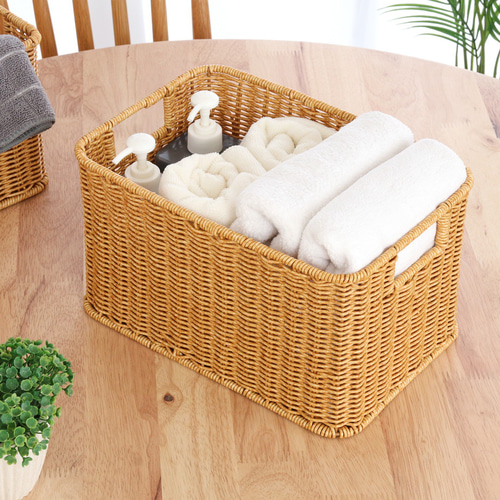 天然素材の中型バスケット 持ち手付き ちどり産業 収納 バスケット 持ち手付き 約 幅35×奥行17×高22cm 小物