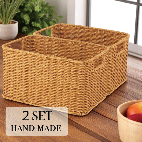 2個セット＞洗える天然木風バスケット｜持ち手付き収納ボックス（W30