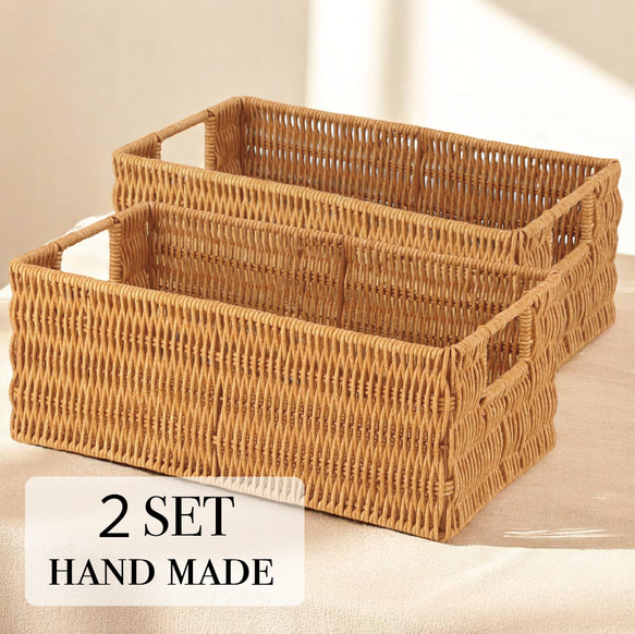 2個セット＞洗える天然木風バスケット｜持ち手付き収納ボックス（W30