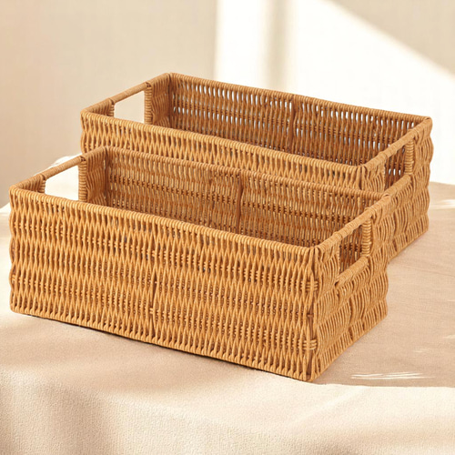 2個セット＞洗える天然木風バスケット｜持ち手付き収納ボックス（W30