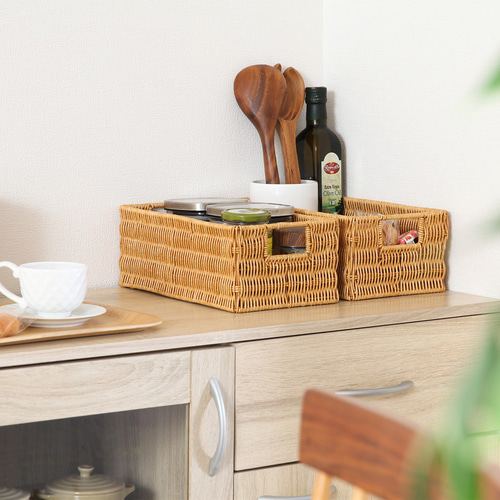 2個セット＞洗える天然木風バスケット｜持ち手付き収納ボックス（W30