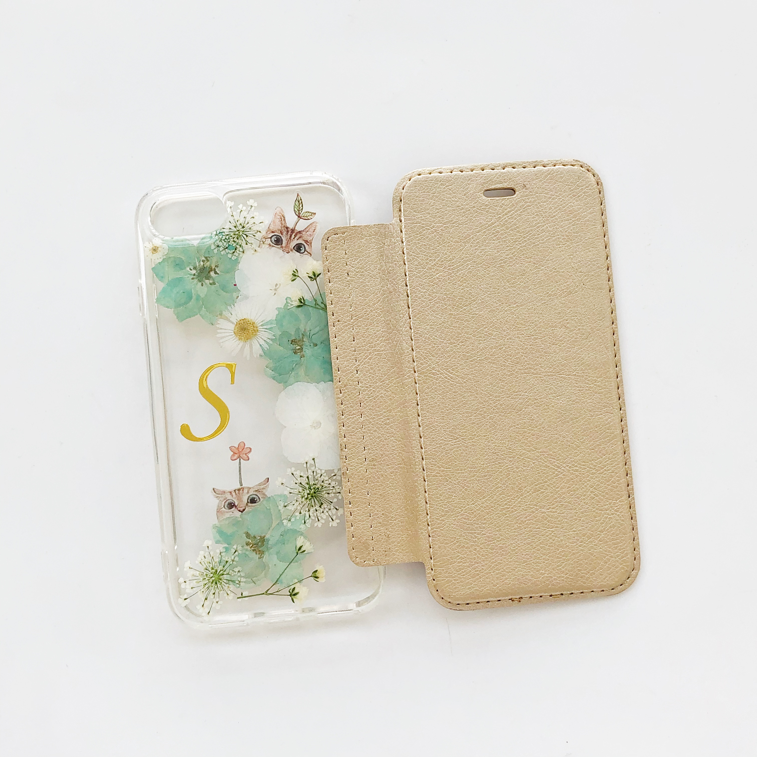 猫柄＆千鳥草 押し花ケース 手帳型 iPhone17Pro/17Air/17ProMax/16e/GalaxyS26