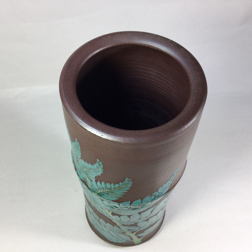 新品 萬古焼 陶器 花瓶 ブラウン グリーン 萬古焼盛り絵付け花入れ インテリアな置き物 一輪挿し・花瓶・花器