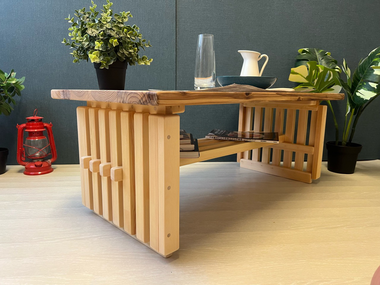 【送料無料】 ローテーブル 和風 木組縦格子 収納付き90cm 45cm 杉